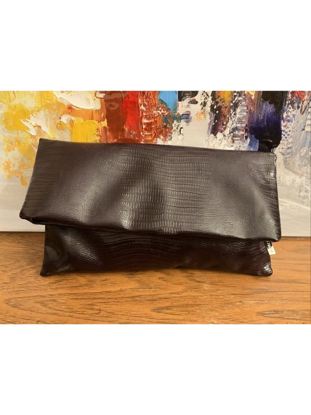 Nordstrom Dark brown Cosmetic Bag Clutch Foldover zip top 12" x 6.5" Snakeskin